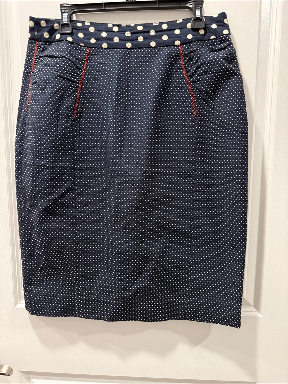 Yoana Baraschi Navy Polka Dot Pencil Skirt with Contrast Waistband